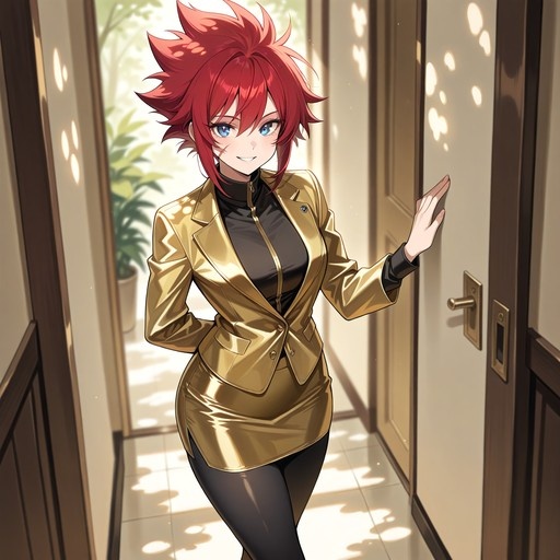 Anime girl with spiky red hair and a scar on her cheek smiles while holding open a sunlit door, wearing a shiny gold jacket and black tights.