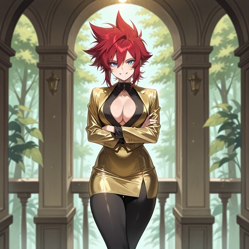 Red-haired anime woman in a shiny gold jacket and skirt standing with arms crossed under stone arches.