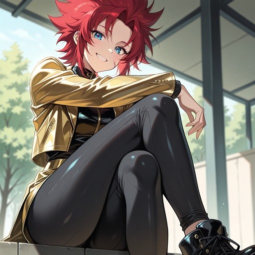 Red-haired anime girl with blue eyes and a facial scar wearing a shiny gold jacket.