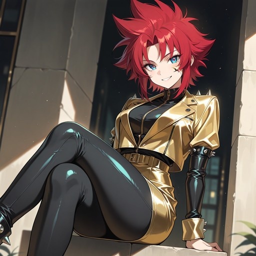An anime-style illustration of Kallen Stadtfeld with red hair and a cheek scar, wearing a spiked gold jacket and black leggings while sitting on a stone ledge.
