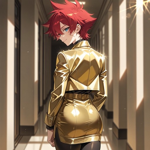 Red-haired anime girl in a shiny gold jacket and skirt looking back in a sunlit hallway.