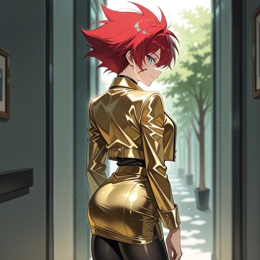 Anime girl with short red hair and blue eyes wearing a shiny gold jacket and skirt, standing indoors near a window and looking back at the viewer.