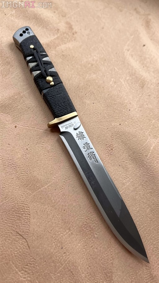 A realistic close-up of a Japanese-style tanto knife with a black wrapped handle and engraved blade resting on a textured surface.