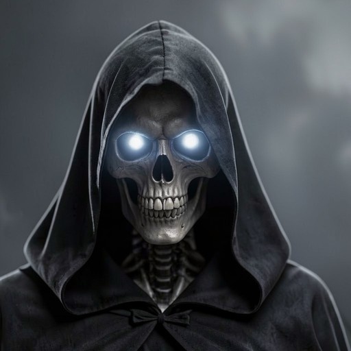 A skeletal figure in a dark hood looks forward with bright glowing white eyes against a grey background.