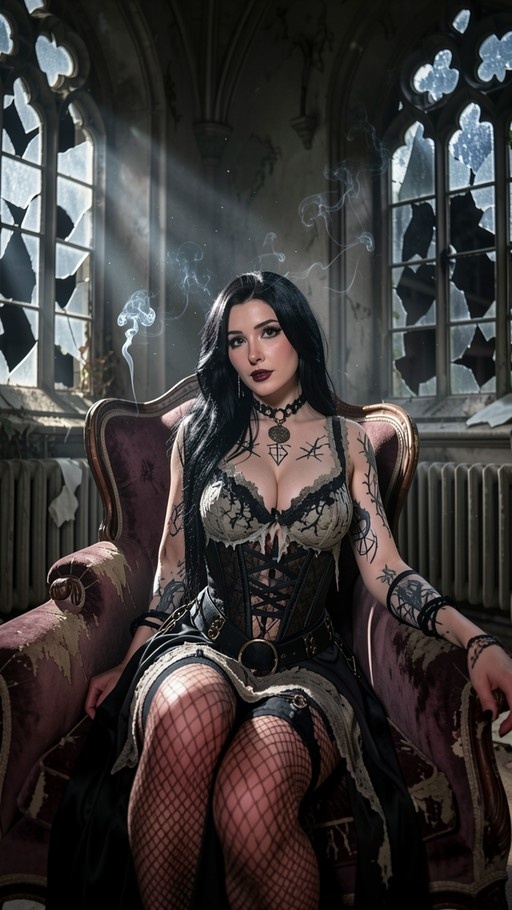 A tattooed woman with long black hair wearing a gothic corset and fishnets sits on a worn chair in a ruined room with broken windows and smoke.