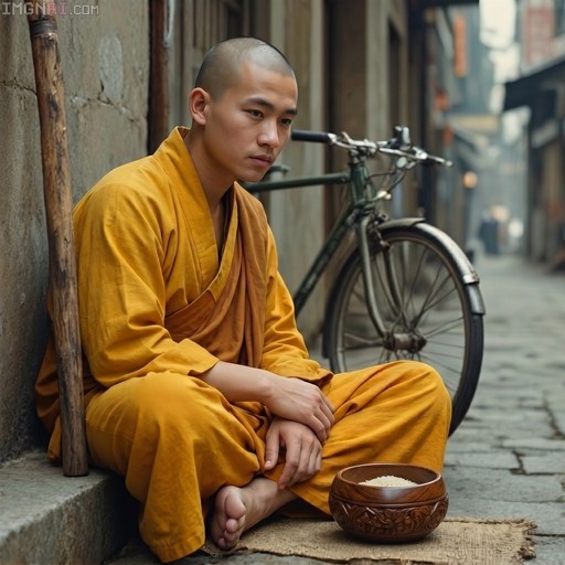A bald Asian monk in yellow robes sits barefoot on a stone step next to a wooden staff, with an alms bowl of rice in front and a bicycle behind him.