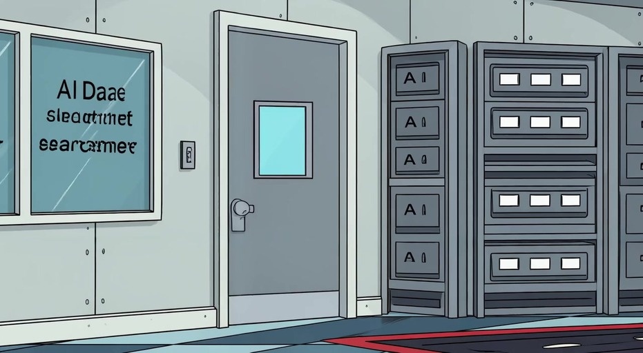 An anthropomorphic orange cat wearing a mask walks into a server room and grabs a large lever on the wall.