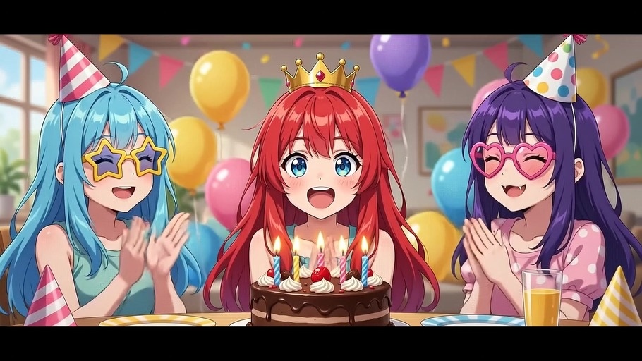 Three anime girls celebrating a birthday indoors with a chocolate cake, balloons, and party hats.