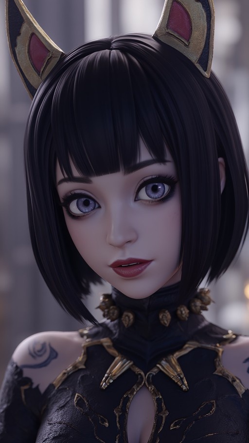 Close-up portrait of a female character with short black hair and purple eyes wearing golden cat ears and a dark outfit with gold accents.