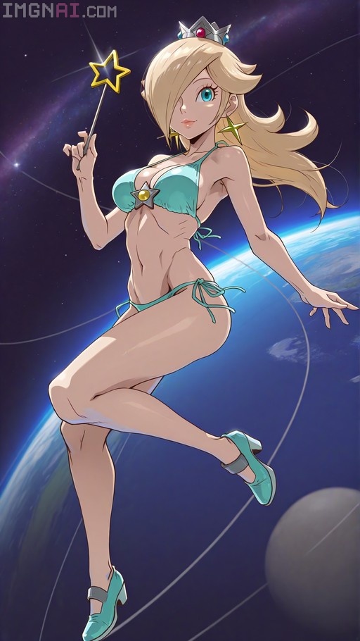 Rosalina from Super Mario floating in space wearing a teal bikini and holding a star wand with Earth in the background