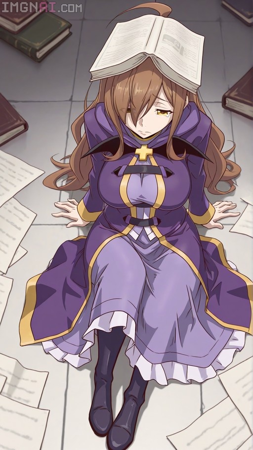 An anime-style illustration of Wiz from Konosuba sitting on a tiled floor surrounded by books and papers, with an open book resting on her head as she looks up with a sad expression.