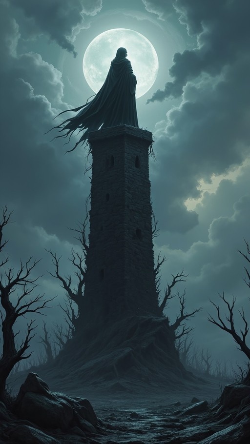 A cloaked figure stands on top of a tall stone tower looking at a large full moon in a cloudy night sky with bare trees below.