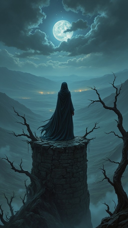 A hooded figure in a black cloak stands on a stone tower looking at a large full moon in a cloudy night sky over a mountain valley.