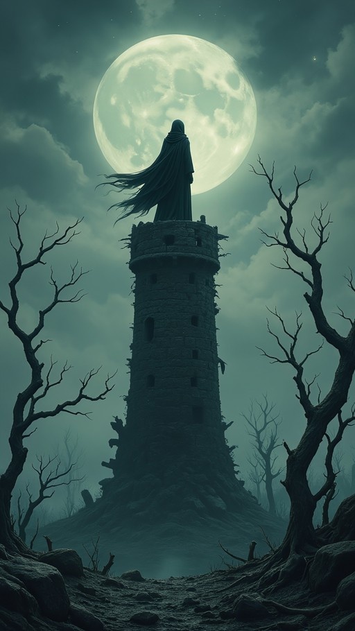 A hooded figure in a dark cloak stands on top of a ruined stone tower against a large full moon and cloudy night sky with bare trees.