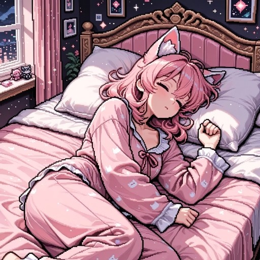 Pixel art of a pink-haired cat girl in pink pajamas sleeping in bed at night.