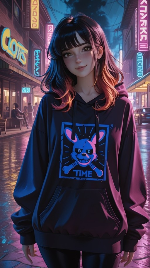 A young woman with dark hair and pink tips stands on a wet city street at night wearing a black hoodie with a rabbit graphic print, surrounded by glowing neon signs.