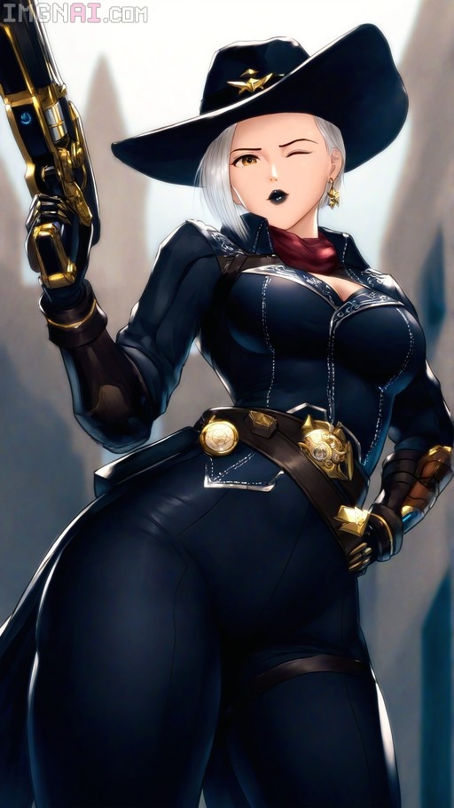 Ashe from Overwatch winking and holding a golden revolver while wearing a black cowboy hat.
