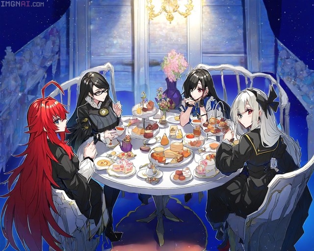 Four anime-style female characters sitting around a white round table filled with cakes and tea cups in a room with blue lighting.