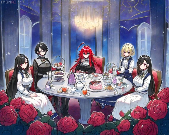 An illustration of Rias Gremory and other anime characters sitting around a round table for a tea party with cakes and flowers.