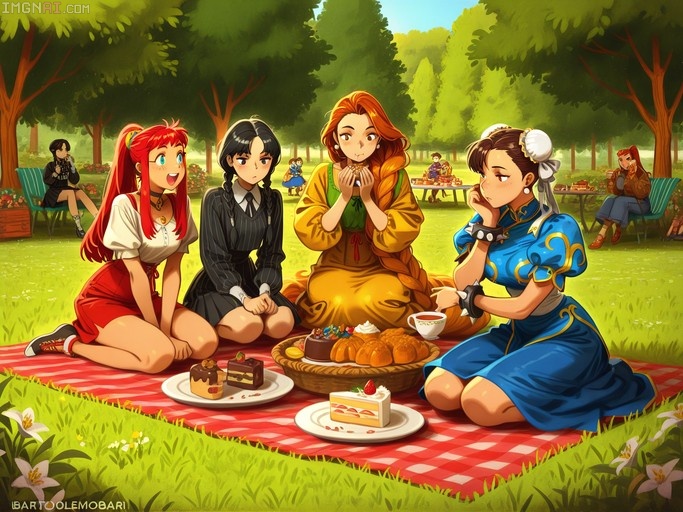 Four anime-style girls sitting on a red checkered picnic blanket in a park, eating cake and drinking tea. One girl wears a blue qipao (Chun-Li), another has black braids (Wednesday Addams), and a third has long orange hair (Rapunzel).