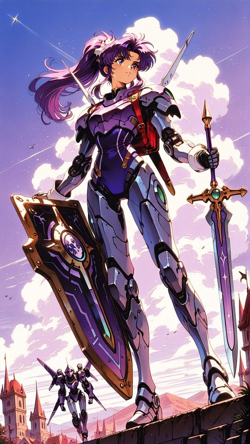 Full-body illustration of a purple-haired female cyber knight in sleek silver armor holding a large shield and sword against a cloudy sky with distant castle spires.