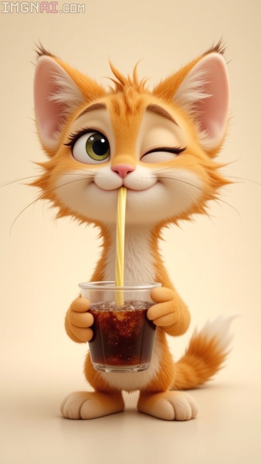 A cute 3D animated orange and white cat stands holding a cup of cola with a long yellow straw, winking playfully at the viewer.
