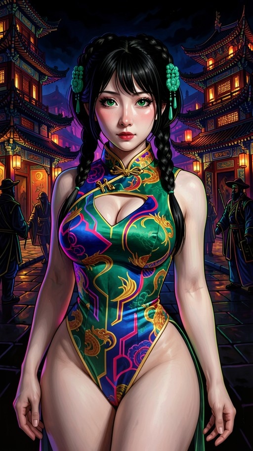 A digital illustration of Chun-Li from Street Fighter wearing a green and blue dragon-patterned cheongsam bodysuit with twin braids, standing in a lantern-lit traditional Chinese street at night.