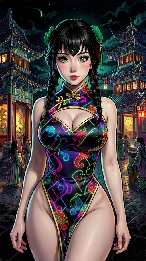 An anime-style illustration of a young woman with black twin braids and green eyes wearing a glowing neon cheongsam dress, standing in front of traditional Chinese buildings at night.