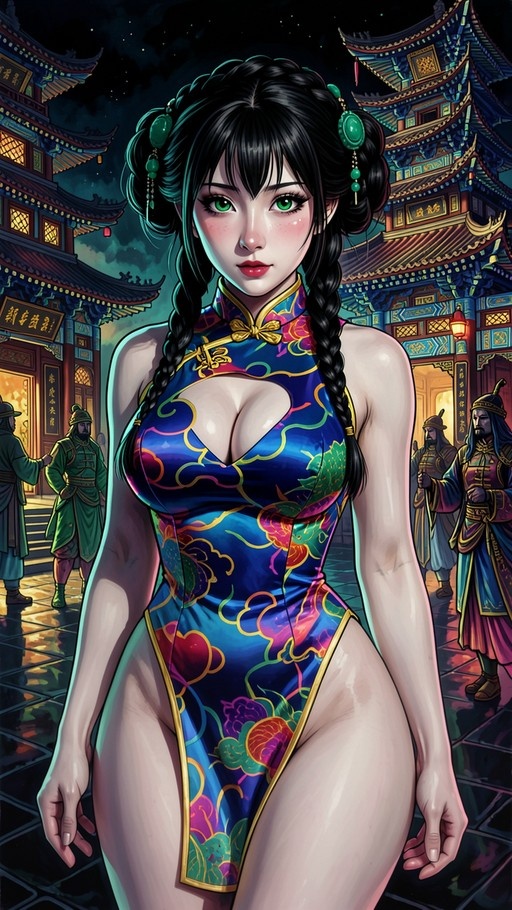 A young woman with black hair in twin braids and green eyes wears a blue floral cheongsam with gold trim while standing on a street at night near traditional Chinese buildings.
