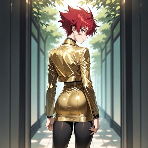 An anime-style illustration of a red-haired girl with blue eyes and a scar on her cheek, wearing a shiny gold jacket and pencil skirt with black pantyhose, looking back over her shoulder in a sunlit hallway.