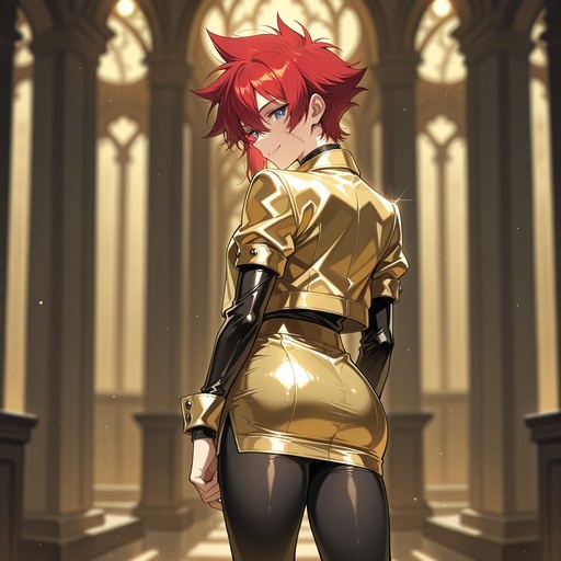 Red-haired anime girl in a shiny gold jacket and miniskirt looking back over her shoulder in a sunlit hall.
