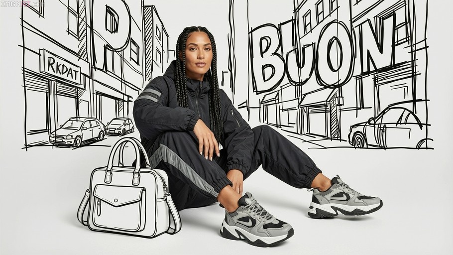 A realistic woman with long dark braids sits on the floor wearing a black tracksuit and grey Nike sneakers, posing next to a white bag against a sketched line-art city background.