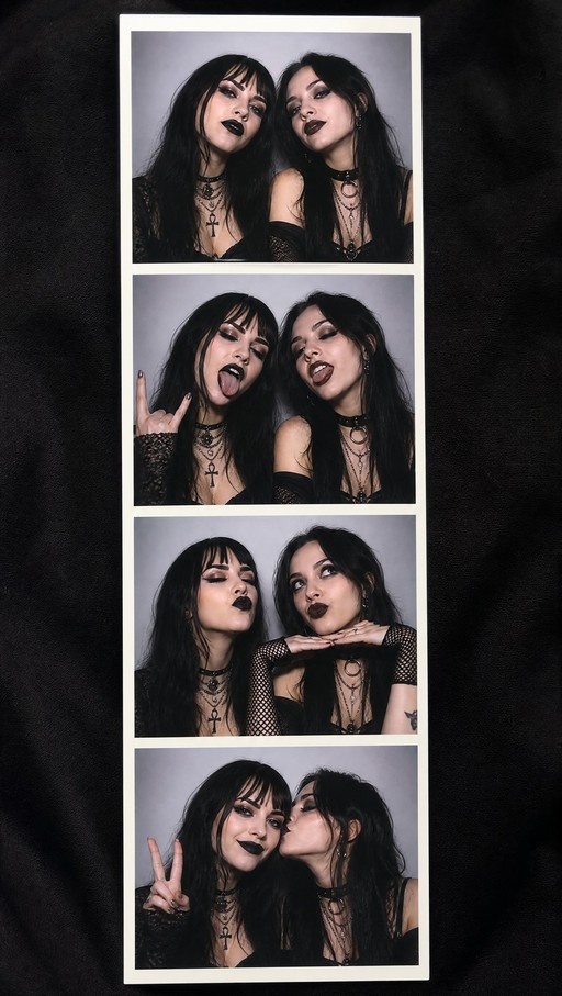A four-panel photo strip showing two women with long black hair and goth makeup posing playfully, sticking out their tongues, and kissing each other on the cheek.