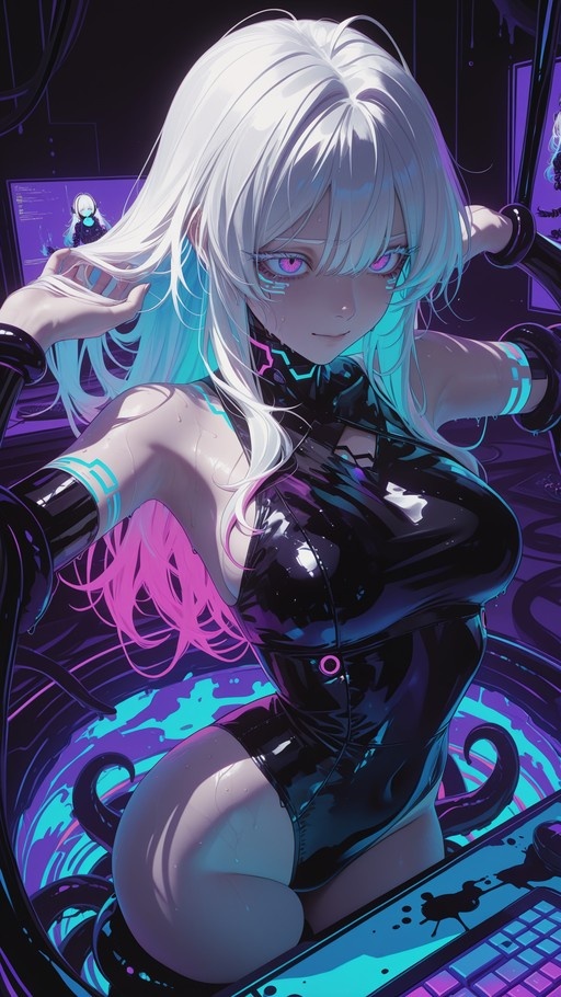 A cyberpunk-style anime girl with long white and pink hair sits at a computer desk wearing a shiny black high-leg leotard with glowing cyan accents, surrounded by dark tentacles in a purple-lit room.
