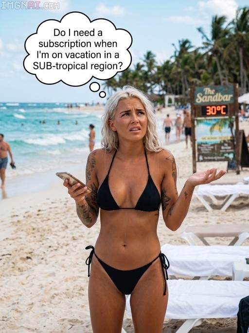 Blonde tattooed woman in a black bikini standing on a beach, holding a phone and looking confused with a thought bubble above her head.