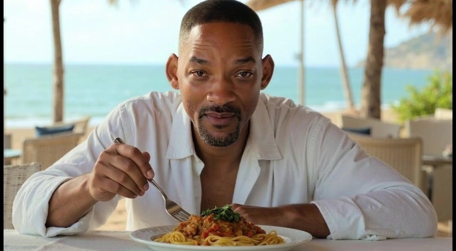 Will Smith eating spaghetti at a table with the ocean in the background.