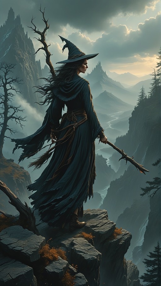 A female witch in a pointed hat and tattered robe stands on a rocky cliff holding a wooden staff, overlooking a misty mountain valley.