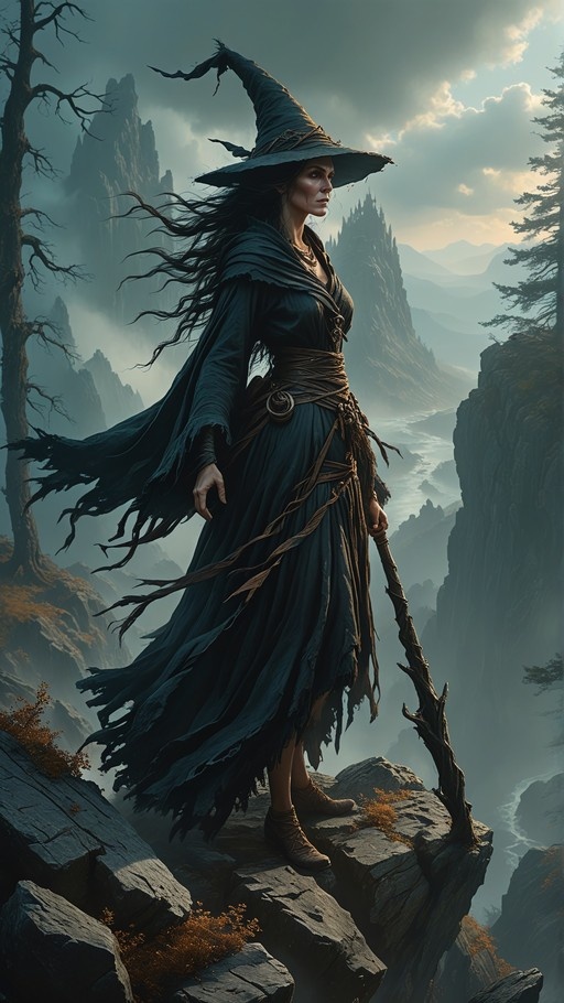 A witch with long dark hair and a pointed hat stands on a rocky cliff holding a staff, overlooking a misty mountain range.