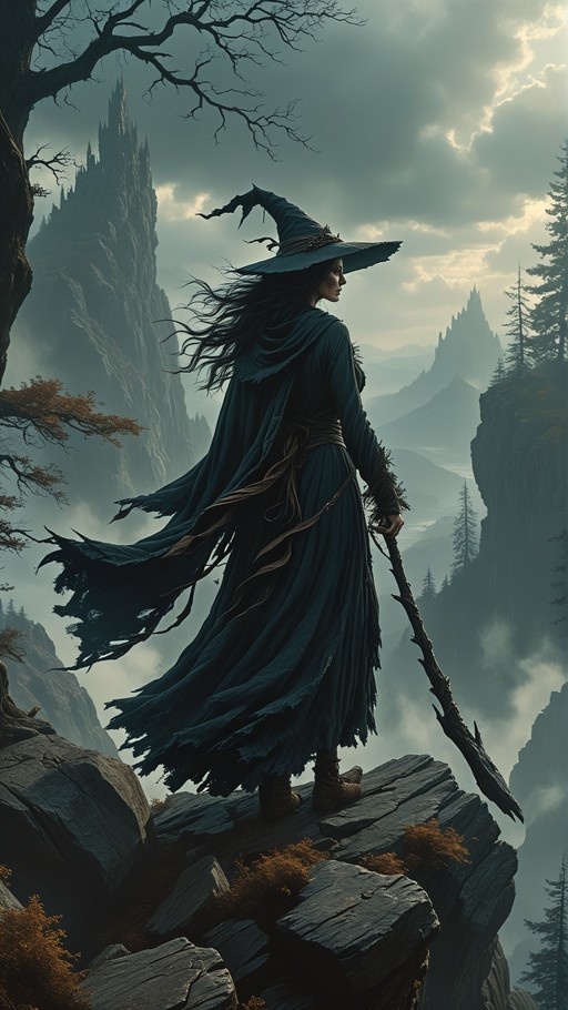 A witch in a pointed hat and tattered cloak stands on a rocky cliff holding a staff, looking out at misty mountains and a castle in the distance.