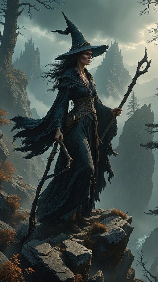 A female witch in a black pointed hat and tattered cloak stands on a rocky cliff holding a wooden staff against a backdrop of misty mountains and autumn trees.