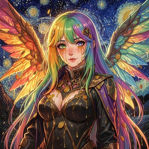A rainbow-haired fairy girl with heterochromia and large colorful wings stands covered in dripping golden honey against a swirling starry night sky.