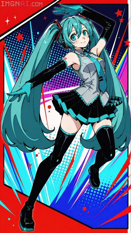 Hatsune Miku with teal twin-tails posing dynamically in a grey shirt and black skirt against a colorful geometric background.