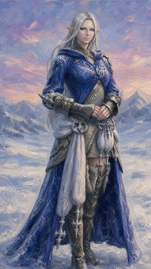 A full-body digital painting of Ysayle Dangoulain from Final Fantasy XIV, an elf with long white hair and blue lips, standing in a snowy mountain landscape while wearing a blue coat and armor.