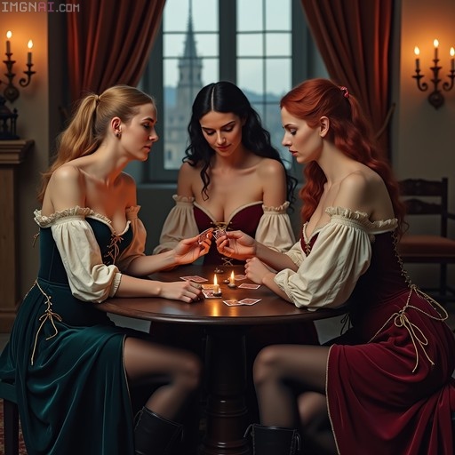 Three women in medieval dresses sitting at a table playing cards by candlelight.