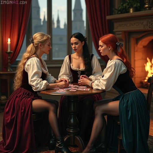 Three women in historical velvet dresses sitting at a table playing cards near a fireplace.