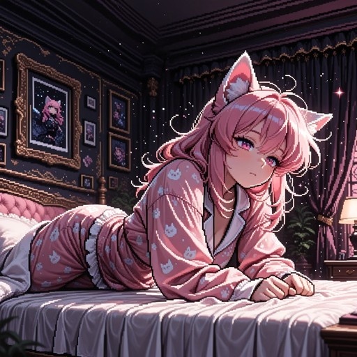 Pixel art of a pink-haired cat girl in pajamas lying on a bed in a bedroom with framed pictures.