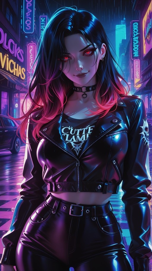 A young woman with long dark hair fading to pink tips and glowing red eyes stands in a rainy neon-lit street wearing a shiny black leather jacket and pants.