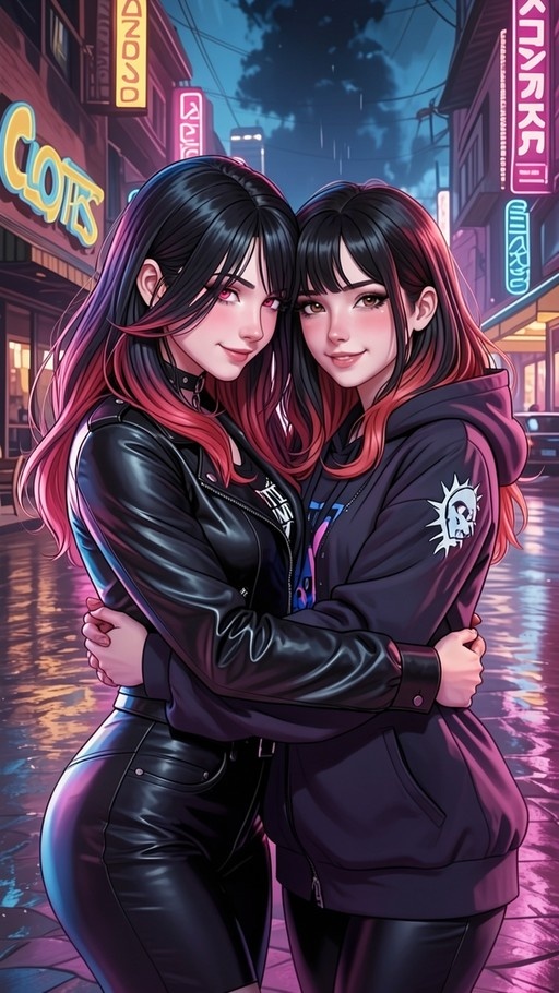 Two anime-style girls with multicolored hair embrace on a wet city street illuminated by vibrant neon signs.