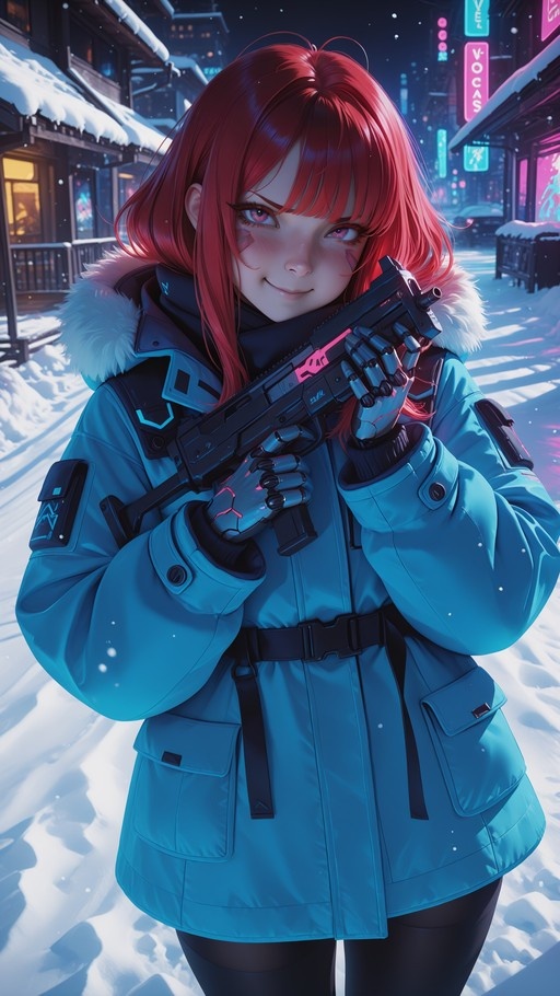 A red-haired cyborg woman in a blue coat holding a submachine gun in a snowy cyberpunk city at night.