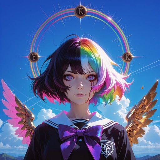 Anime girl with rainbow hair, golden wings, and a halo in a school uniform looking at the viewer with blood from one eye.